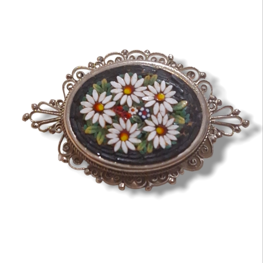 Vtg Micro Mosaic Silver Tone Oval Daisy Brooch Marked Italy 2 1/4"